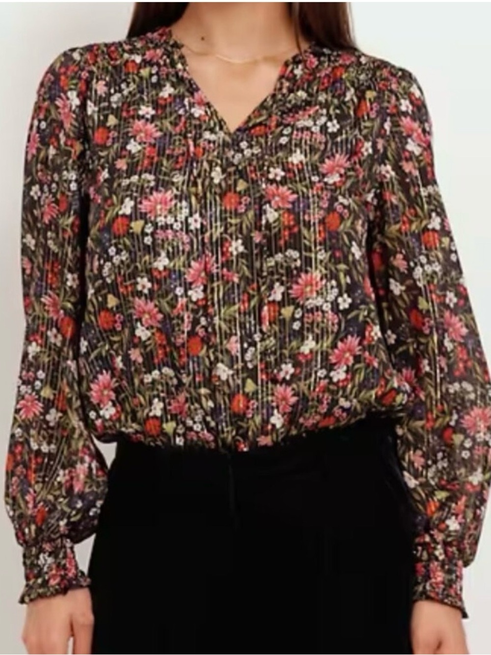 Old Navy Black Floral Pintuck Blouse with Pink and Red Flowers